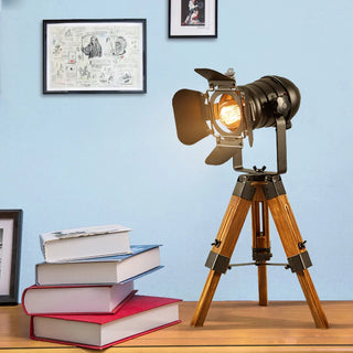 Lampe à poser bois et métal noir style projecteur vintage